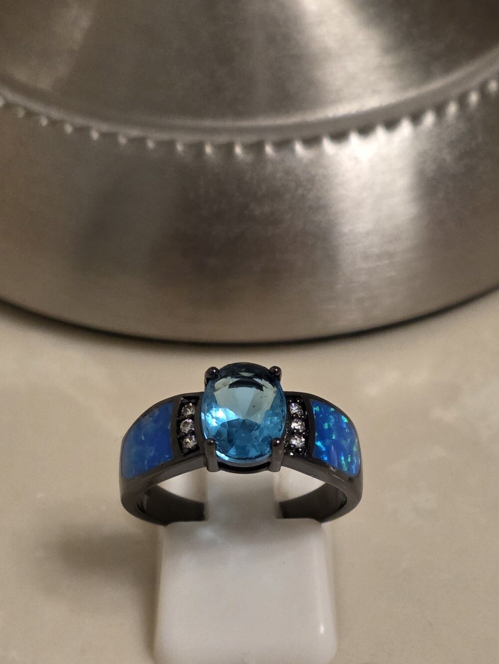 Black Gold CZ and Blue Fire Opal Ring Size 8